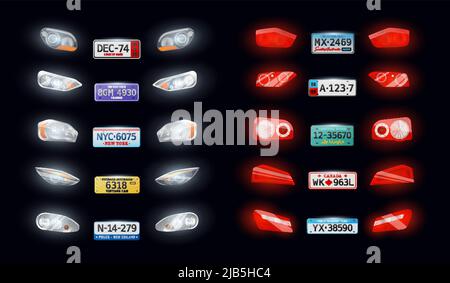 Various types car auto headlights taillights vehicle registration licence number plates realistic set black background vector illustration Stock Vector