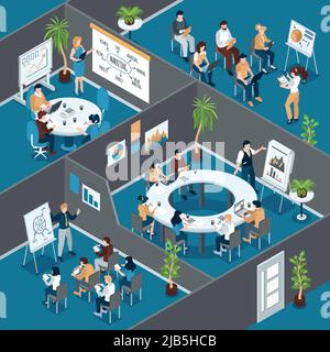 Isometric business training composition with indoor view of office rooms with groups of workers at tables vector illustration Stock Vector