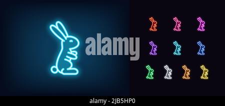 Outline neon lunar rabbit icon. Glowing neon cute bunny silhouette, Easter hare pictogram. Baby rabbit, festive bunny, funny hare for holiday, Mid Aut Stock Vector
