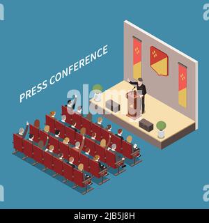 Press conference at central hall isometric composition with speaker on podium media representatives raising hands vector illustration Stock Vector