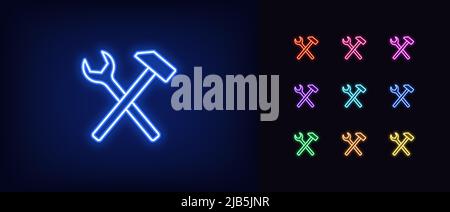 Outline neon repair icon. Glowing neon wrench and hammer sign, service tool pictogram. Repair and maintenance, build and construction, restoration and Stock Vector