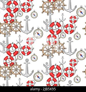 Anchor, steering wheel, compass isolated on white. Seamless marine pattern in sketch flat style. Design for prints, textiles, wrapping paper, wallpape Stock Vector