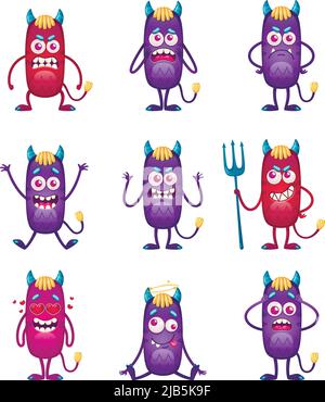 Cartoon monster isolated emoticons set with nine funny characters of violet and red colored smiley monsters vector illustration Stock Vector