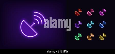 Outline neon satellite dish icon. Glowing neon Satellite antenna with waves, sputnik broadcast signal. Satellite television and internet connection, r Stock Vector