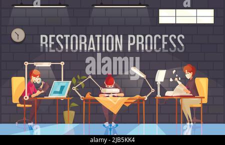 Artist restorer composition with three persons three people in the office are working on the restoration of various things books shoes vector illustra Stock Vector