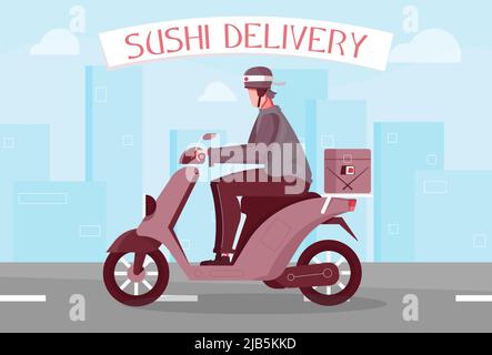 Sushi delivery flat composition with text and view of motorway with delivery boy riding motor bicycle vector illustration Stock Vector