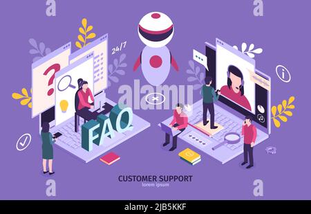Isometric customer support faq horizontal composition with images of robot laptop computers and small people characters vector illustration Stock Vector