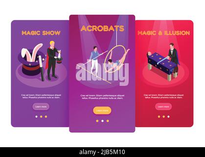 Circus isometric vertical banners set with acrobats and magic show ...