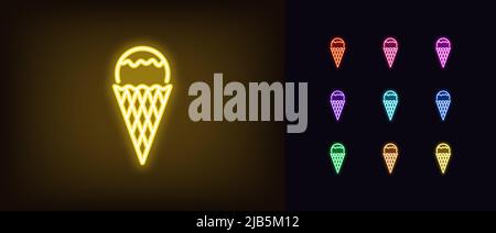 Outline neon ice cream icon. Glowing neon Ice cream ball with waffle cone, dessert pictogram. Gelato ice cream with melt chocolate or fruit jam, froze Stock Vector