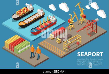 Cargo seaport container ships loading unloading cranes bulk carrier freight trucks deck workers 3 isometric compositions vector illustration Stock Vector