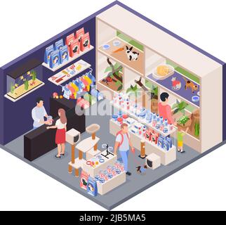 Exotic pet shop assistant behind counter isometric interior view with animals enclosures food accessories customers vector illustration Stock Vector