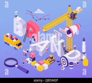 Brand building blocks concept symbols background isometric composition with  megaphone rocket launch target crane magnifier vector illustration Stock Vector