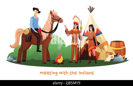 Wild west cartoon vector illustration with cowboy riding horse meeting with indians in national dress and hunting weapon Stock Vector