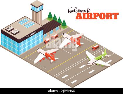 City airport terminal aerodrome outdoor facility isometric composition with airfield aircraft buses runway landing plane vector illustration Stock Vector