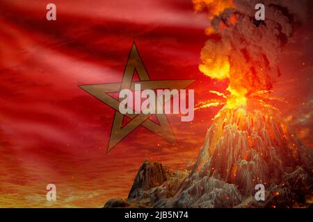 high volcano blast eruption at night with explosion on Morocco flag background, troubles because of disaster and volcanic earthquake concept - 3D illu Stock Photo