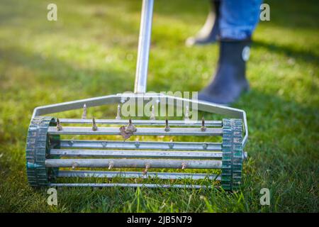 Picture of grass aerator on the green lawn Stock Photo