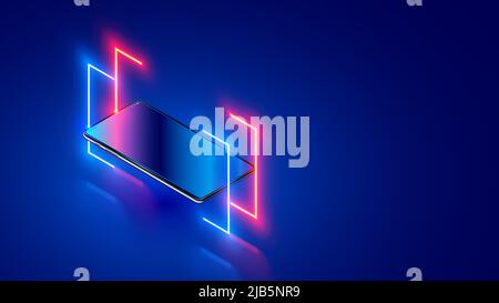 Phone hanging over dark blue glass desk around neon lighting lines. Mock up or template smartphone. Mobile cellphone with empty dark screen with glass Stock Vector