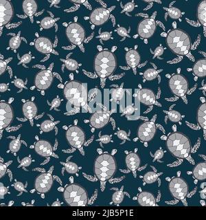 Swimming sea turtle doodles. Sea seamless pattern with sketch of turtles on dark. Vector design for marine beach holiday theme products, textiles, wra Stock Vector