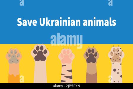 Save Ukrainian animals. Paws of animals on the background of the Ukrainian flag Stock Vector