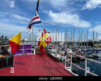Blyth Harbour, UK. 3rd June 2022. Decorations in Blyth Harbour with naval flags for Jubilee Celebrations Credit: Miroslav Valasek/Alamy Live News Stock Photo