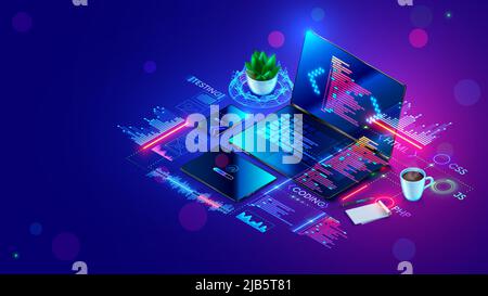 Software development isometric concept. Process of programming, optimization, debugging program or code for laptop, phone, tablet. Creation adaptive Stock Vector