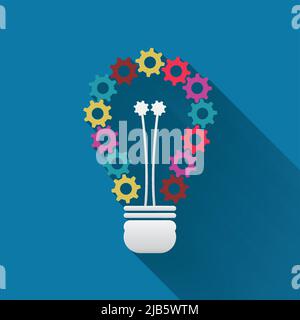 Light bulb which has of colorful gears with long shadow black,Simple design style.vector illustration Stock Vector