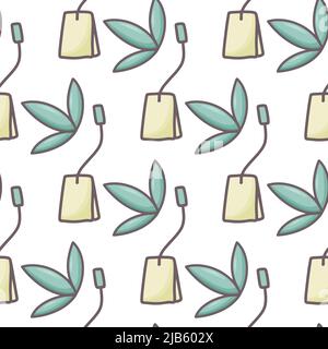 Green tea leaves and tea bags seamless vector pattern. Tea party background. Print for packaging, wallpaper, design. green fresh tea leaves template Stock Vector