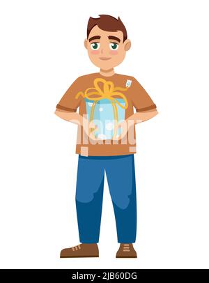 Boy holding gift. Character in cartoon style. Stock Vector