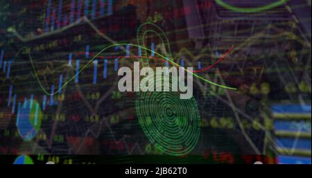 Image of financial data, graphs and padlock with fingerprint over cityscape Stock Photo