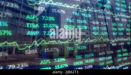 Image of financial data and graphs over cityscape Stock Photo