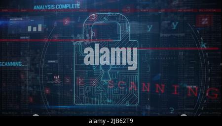 Image of warning data processing, online security padlock and circuit board Stock Photo