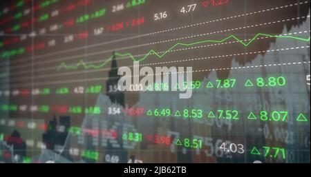 Image of financial data and graphs over cityscape Stock Photo