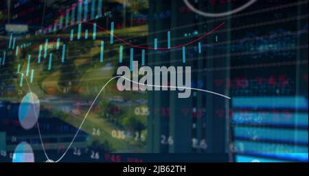 Image of financial data and graphs over cityscape Stock Photo