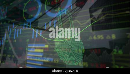 Image of financial data, graphs and padlock with fingerprint over architecture Stock Photo