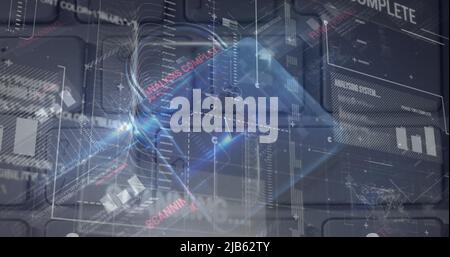 Image of warning data processing, online security padlock and circuit board Stock Photo