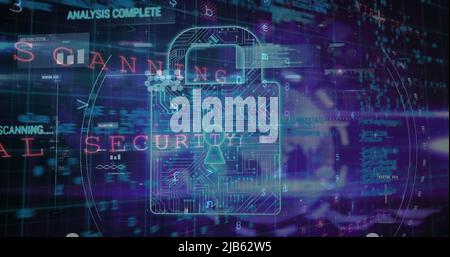 Image of warning data processing, online security padlock and circuit board Stock Photo