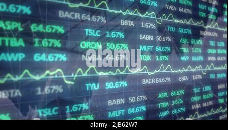Image of financial data and graphs over architecture Stock Photo
