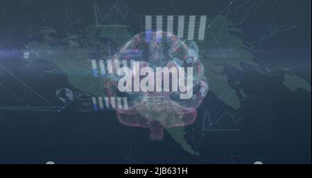 Image of icons, data and rotating brain over world map Stock Photo
