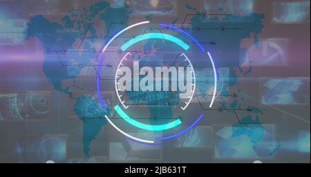Image of processing circle and changing numbers over diverse data and world map Stock Photo