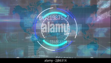 Image of processing circle and changing numbers over diverse data and world map Stock Photo
