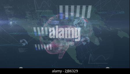 Image of icons, data and rotating brain over world map Stock Photo