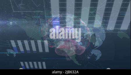Image of icons, data and rotating brain over world map Stock Photo