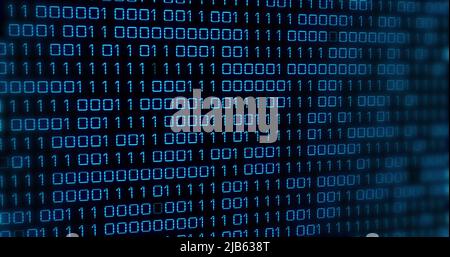 Image of blue binary code changing on black background Stock Photo