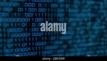 Image of blue binary code changing on black background Stock Photo
