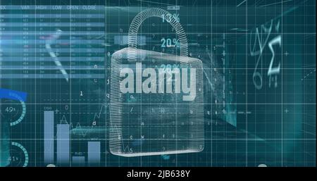 Image of financial data and graphs over digital padlock Stock Photo