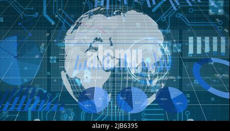 Image of diverse data and graphs over rotating globe Stock Photo