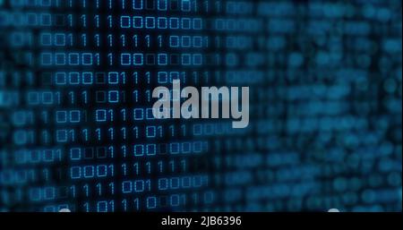 Image of blue binary code changing on black background Stock Photo