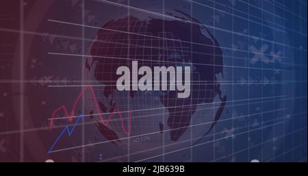 Image of financial data and graphs over rotating globe Stock Photo