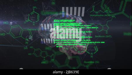 Image of chemical formulas and data processing over rotating brain on black background Stock Photo