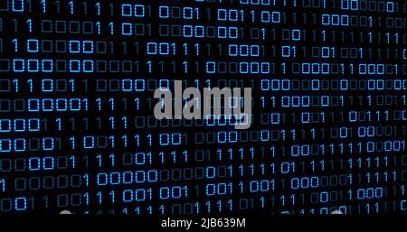 Image of blue binary code changing on black background Stock Photo